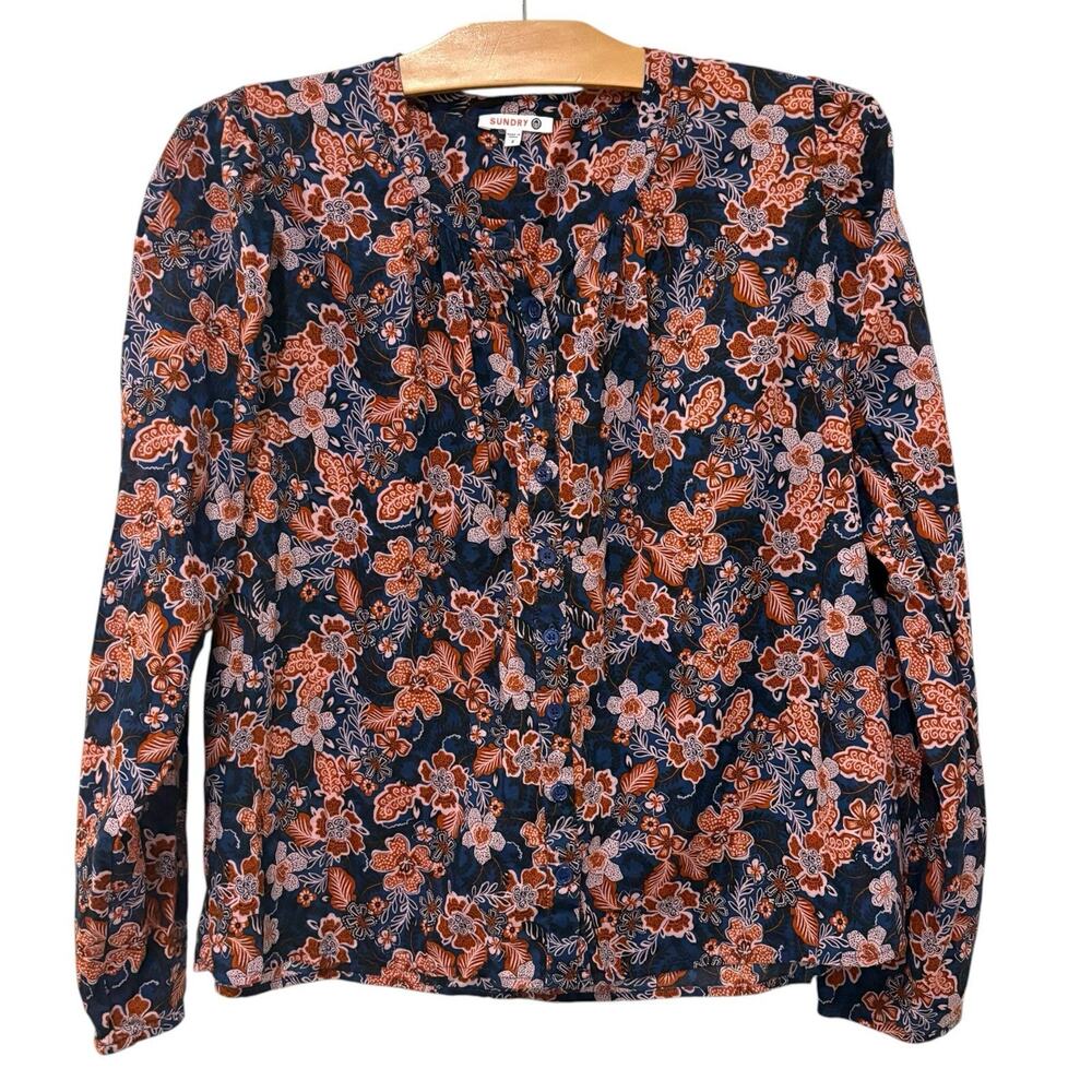 Sundry | Top Long Sleeve Floral Button Down Cotton- Size Medium 2
